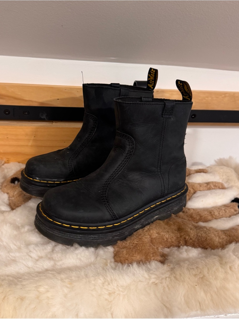 Dr. Martens Black Leather Platform Chelsea Boots with Yellow Stitching